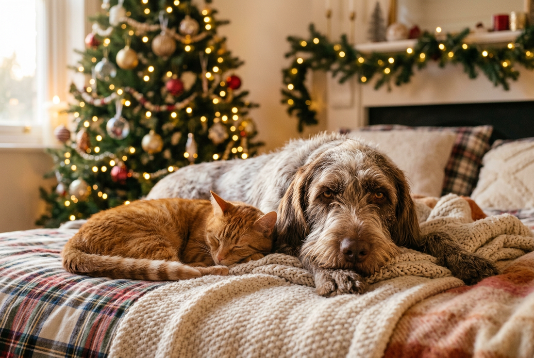 A Spinone Italiano dog resting beside an orange tabby cat on a cozy bed with a decorated Christmas tree in the background