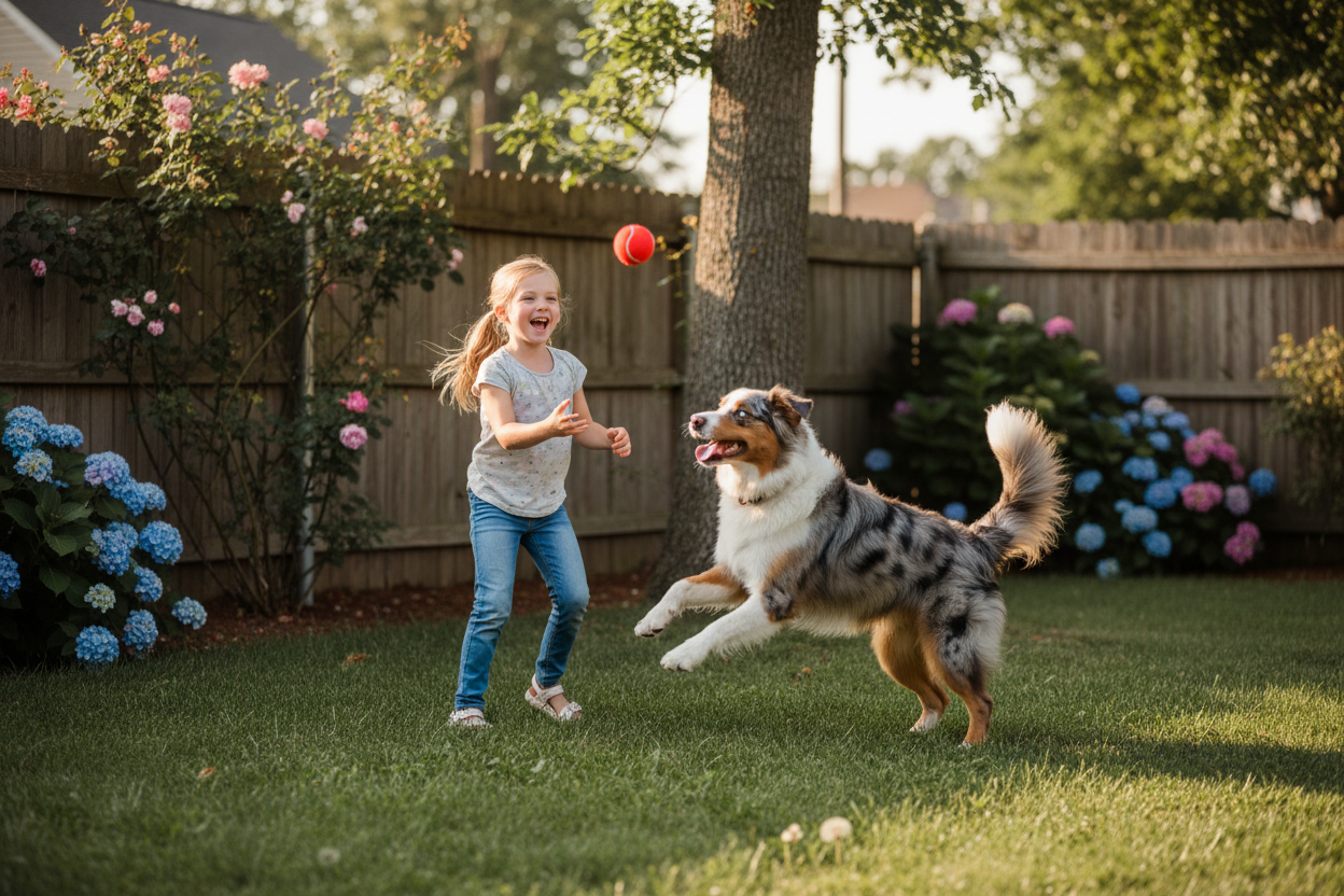 A young girl playing ball with an Australian Shepherd in the back yard